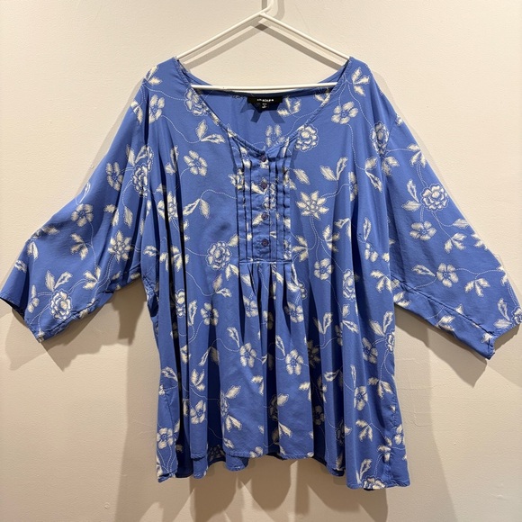 Chelsea Studio Tops - Plus Size Floral Peasant Blouse 3X Boho Tunic Top Blue White Rayon Fall Layering